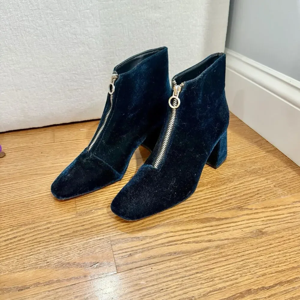 Zara Trafaluc Blue Suede Velvet Ankle Boots Front Zip Shoes EU 39 Quiet Luxury